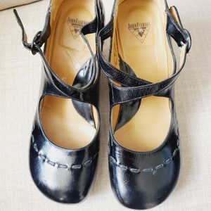 John Fluevog Black Leather Double Strap Mary Jane Heels